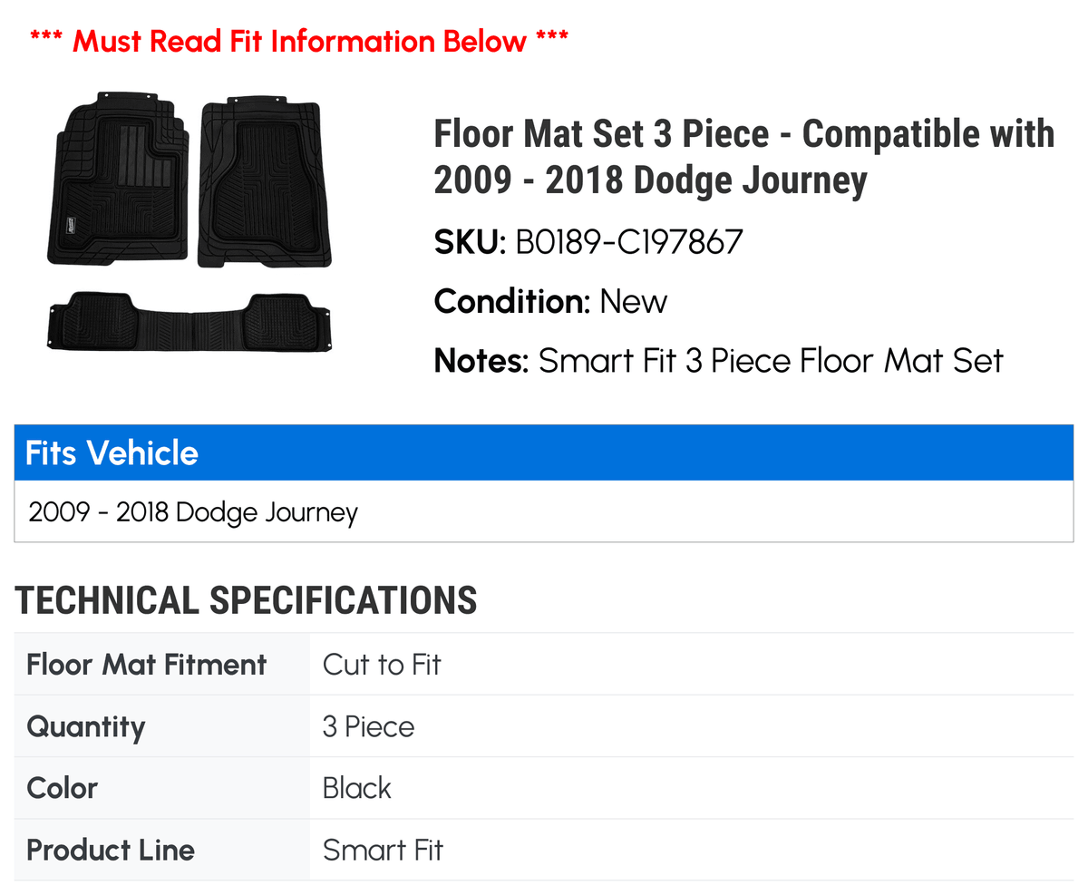 '- 2017 Floor 2018 3 Dodge 2013 Journey 2009 Compatible Set 2012 2010 with 2014 Mat 2016 Piece 2015 - 2011