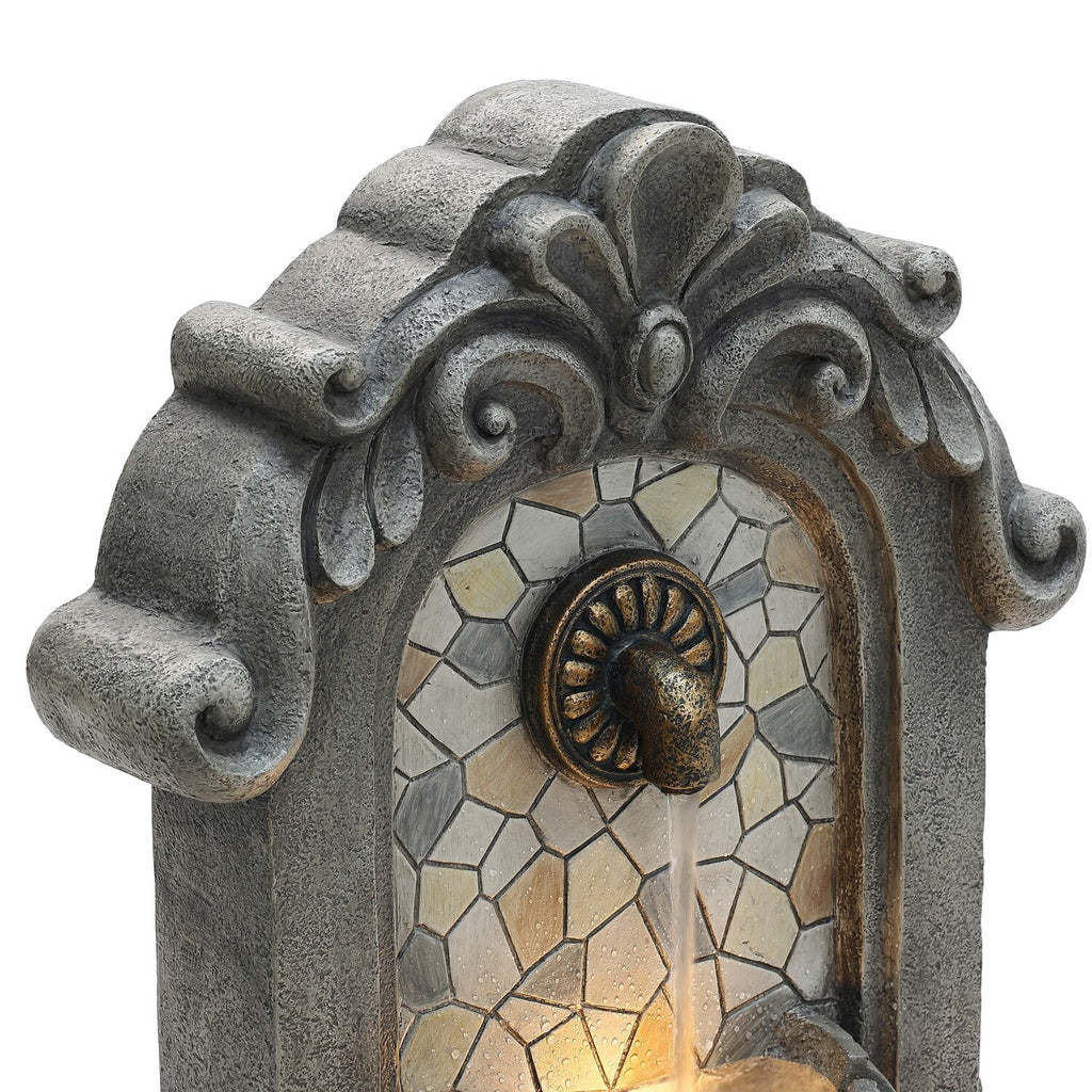 Lights H Freestanding Mosaic LuxenHome Gray with Outdoor Wall Fountain Resin Water 27"