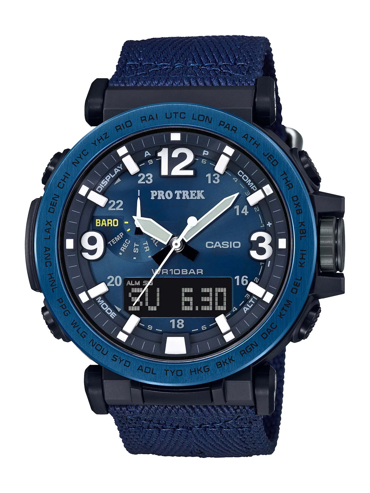Sensor Triple Men's Strap Trek Watch, Powered Blue Solar Casio Pro Nylon