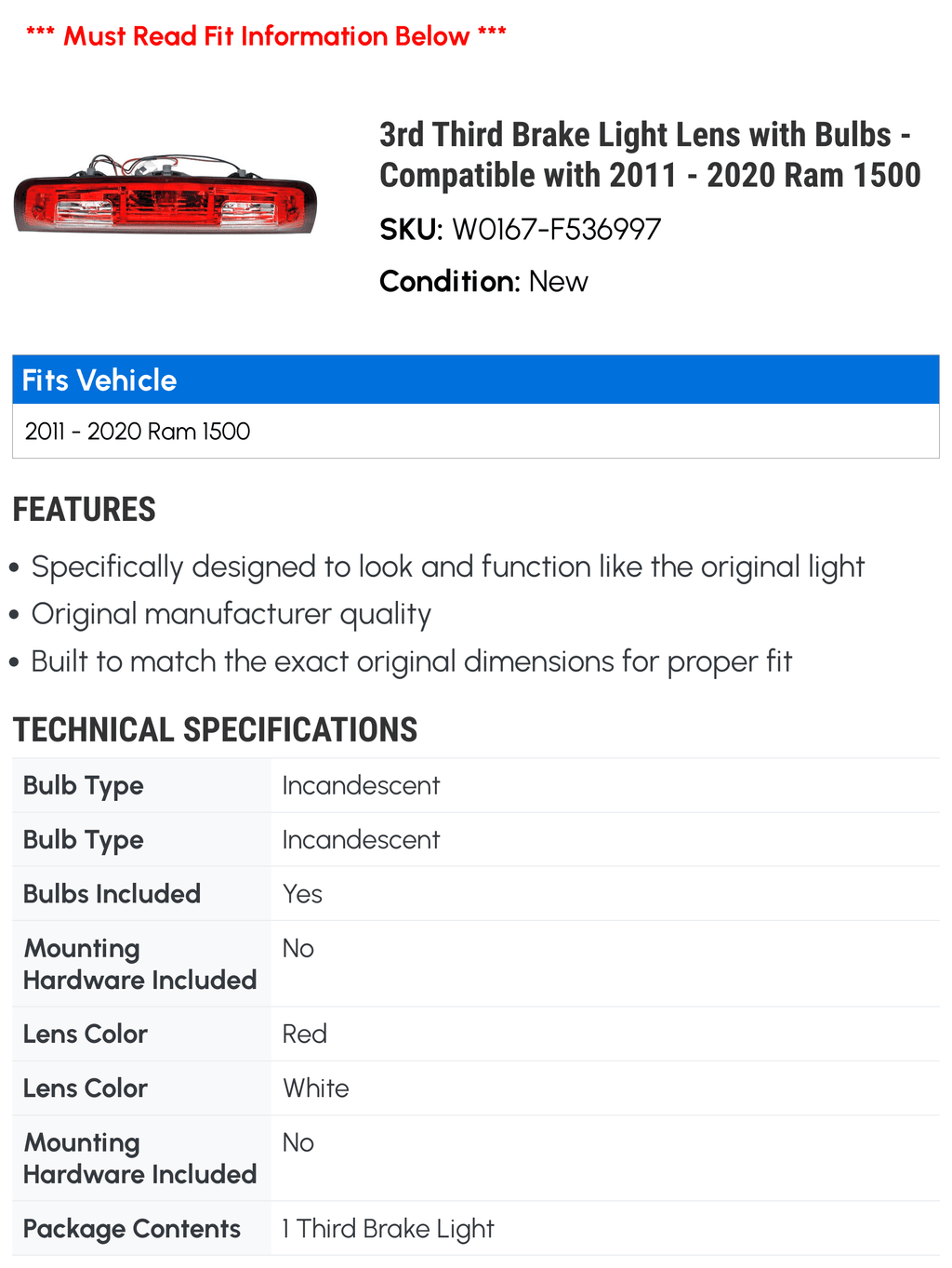 '- Light 2012 Third 2015 2017 3rd 2014 2019 2020 Ram with 2018 Compatible Bulbs 2013 2016 Brake Lens - 2011 1500 with