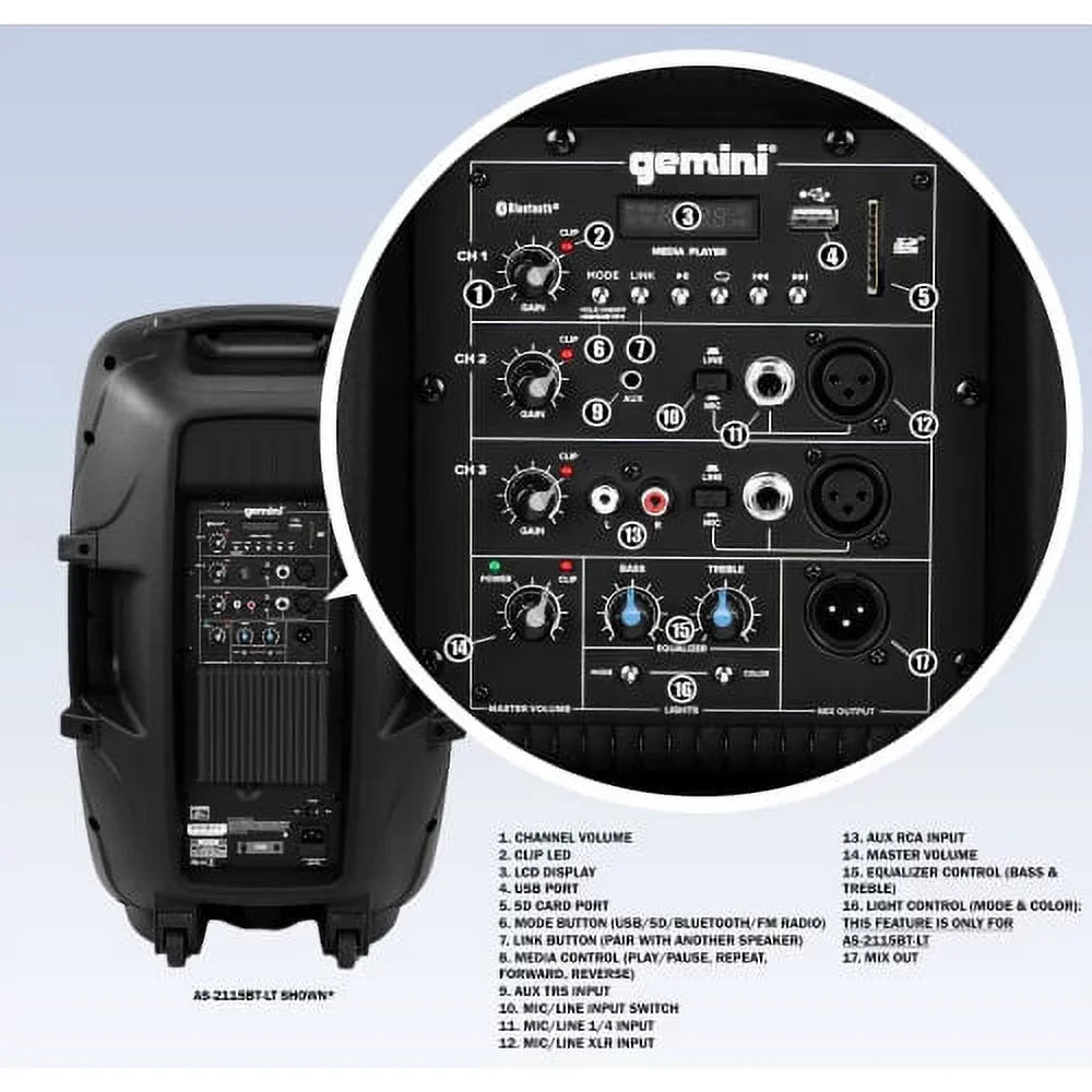 AS-2115BT Speakers Watts 15" System Pro Inch PA 2000 Bluetooth Sound Audio Gemini Active DJ