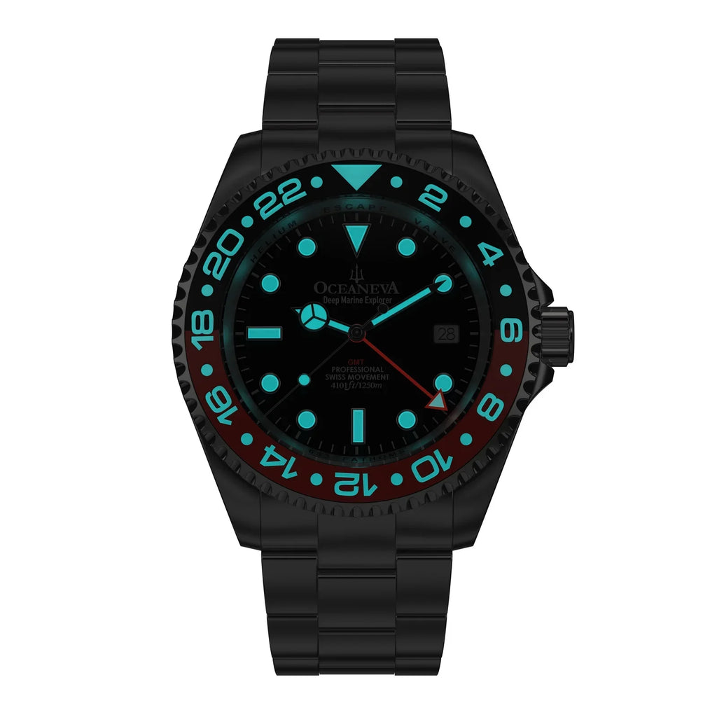 Stainless Diver 1250M Men's Movement Pro Deep and Red Swiss Quartz, Bracelet Watch GMT Black- Marine Explorer Oceaneva™ Steel