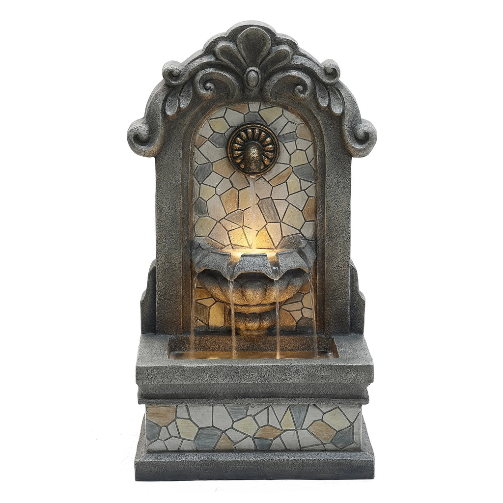 Lights H Freestanding Mosaic LuxenHome Gray with Outdoor Wall Fountain Resin Water 27"
