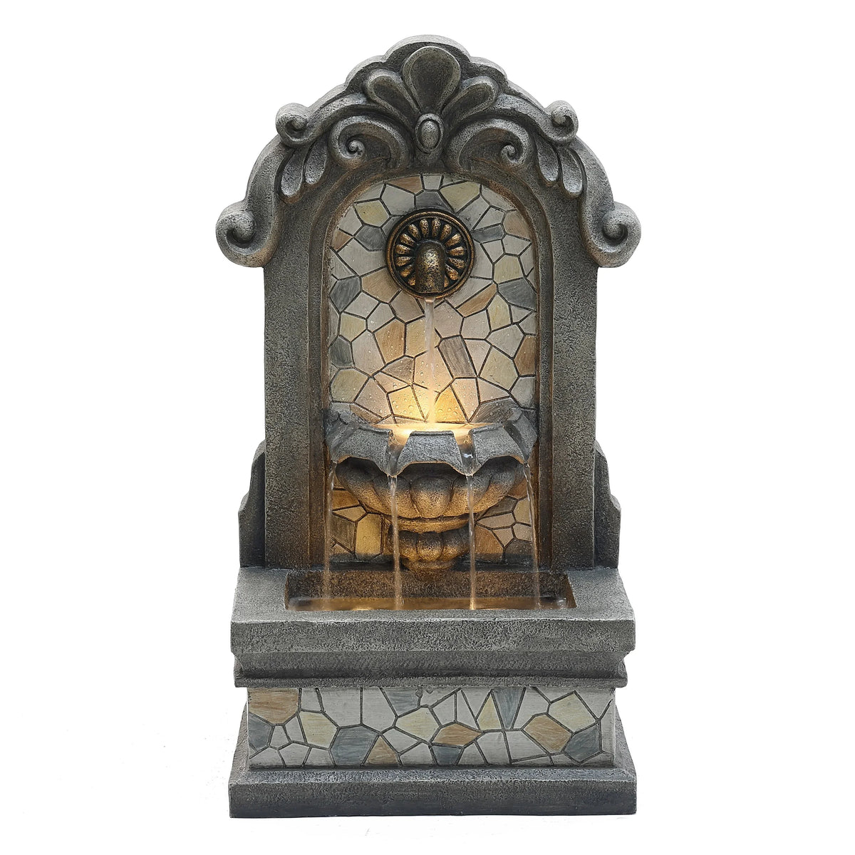 Lights H Freestanding Mosaic LuxenHome Gray with Outdoor Wall Fountain Resin Water 27"