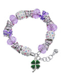 Extender Leaves Purple Heart Silvertone Green with Delight Charm Jewelry Leaf Four Clover 7"+1" Bead Bracelet, Butterfly
