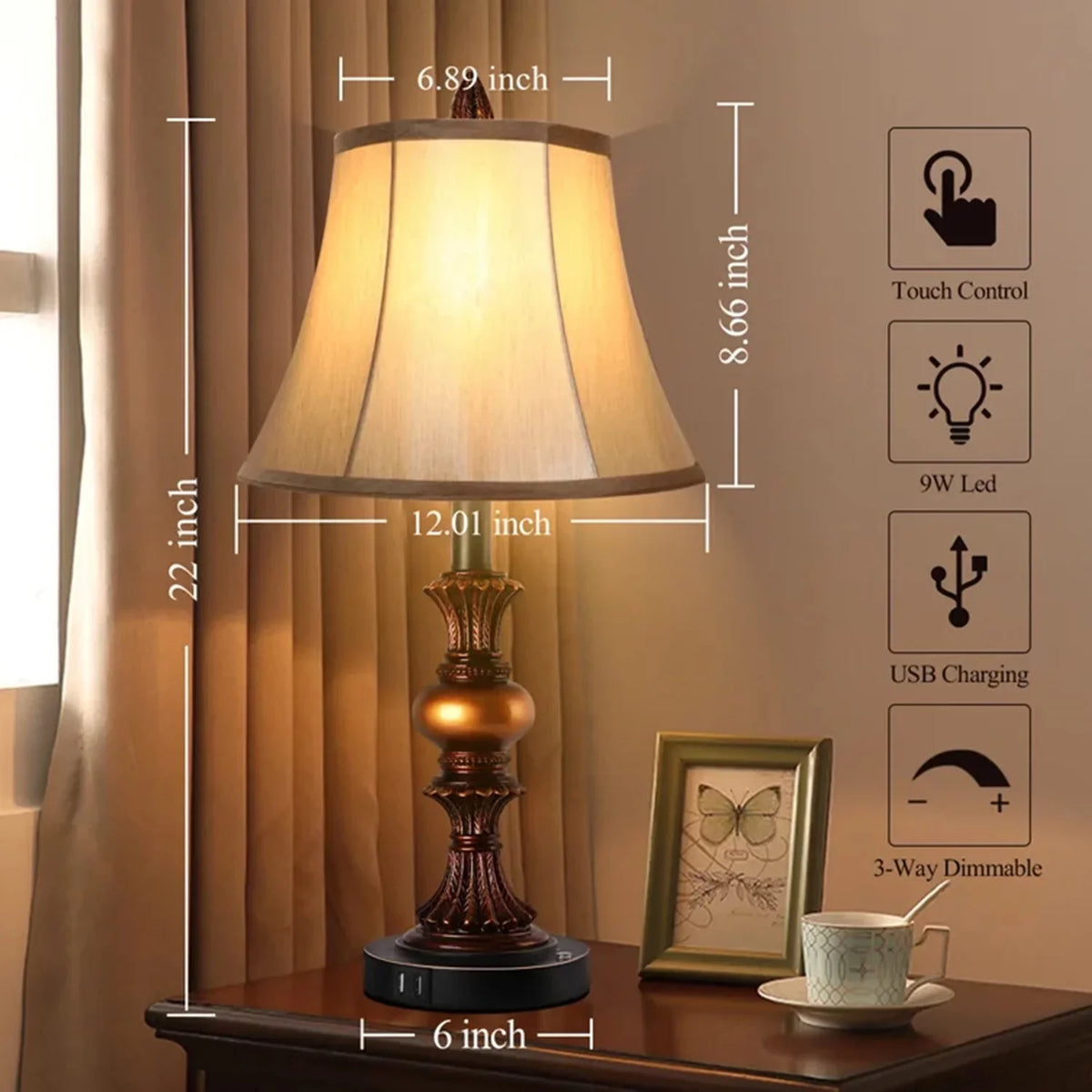 Bedside Nightstand Nictiv Dimmable Bedroom 2 3-Way with of Traditional LED Wooden Lamp USB 2 Set Touch Free Bulbs Control Port Lamp Lamps, with 4 Table Lamp Sets