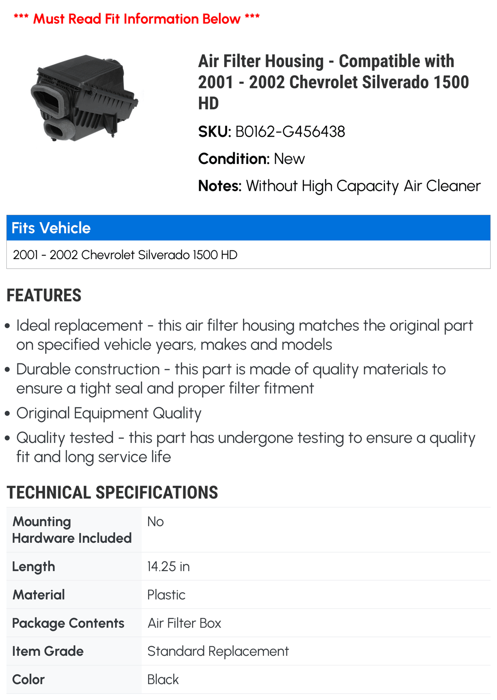 HD 1500 Air Silverado 2002 with Chevy Filter Compatible 2001 - Housing -