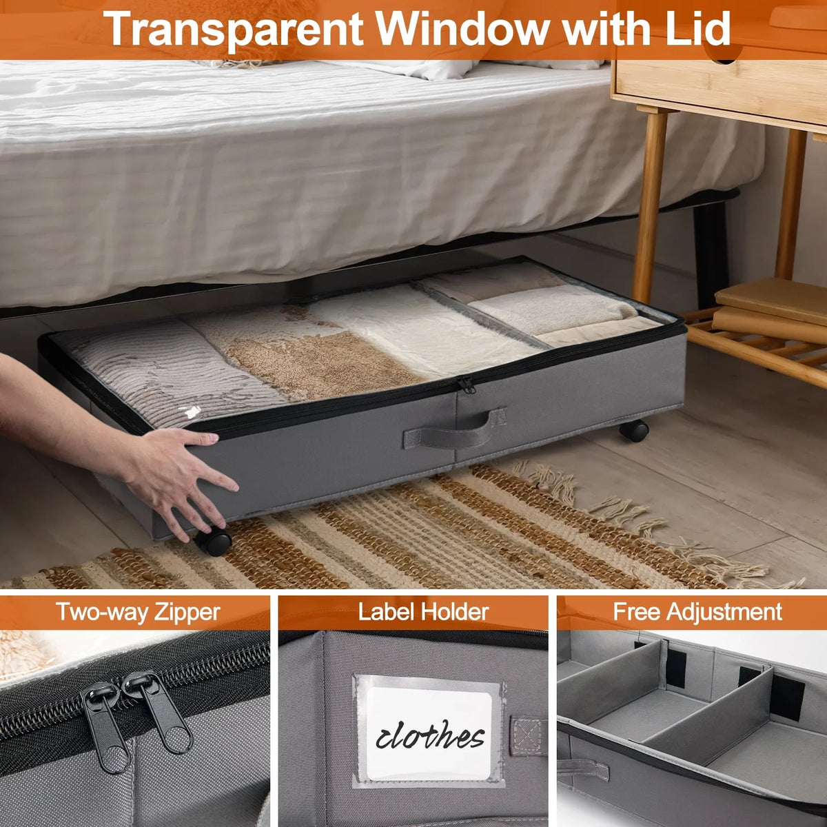 Blankets Wheels, Under Lid Oxford Containers, Organizer Drawer Extra for Storage Rigidity 42L Underbed and Under 2 in Large Shoe Bed Gray Clothes Storage with with Bed Pack Storage Fabric