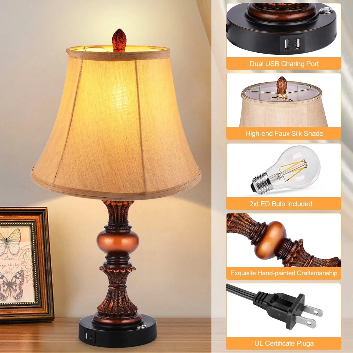 Bedside Nightstand Nictiv Dimmable Bedroom 2 3-Way with of Traditional LED Wooden Lamp USB 2 Set Touch Free Bulbs Control Port Lamp Lamps, with 4 Table Lamp Sets