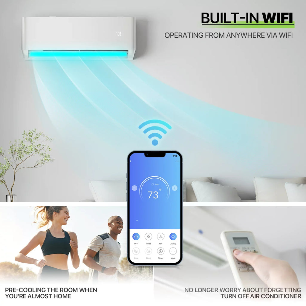 Mini with System, Inverter 22 Heater & Air Smart 9000 Up Cools Condenser, Pre-Charged to White Unit SEER Conditioner 400 Control Split BTU & AC WIFI Magshion Sq.Ft., Ductless