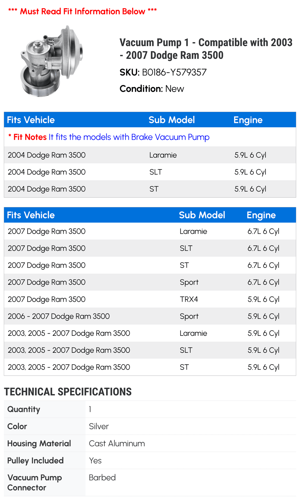 Dodge Vacuum - 2004 1 2005 2007 2006 with 2003 Ram - Compatible 3500 Pump