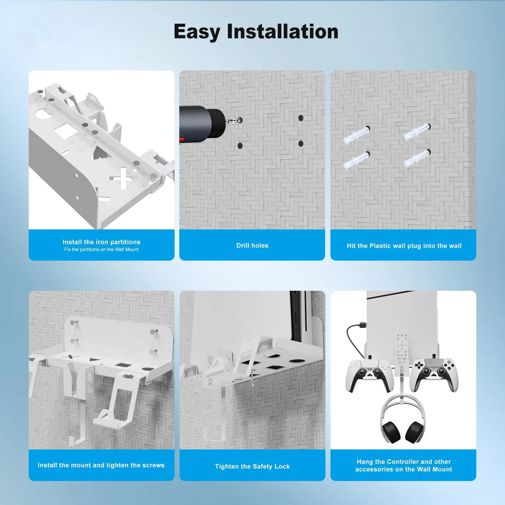 and PS5 Dual Charging Wall Space-Saving, with Cable Durable Secure, Set Convenient Iron Storage Slim Bracket for Mount