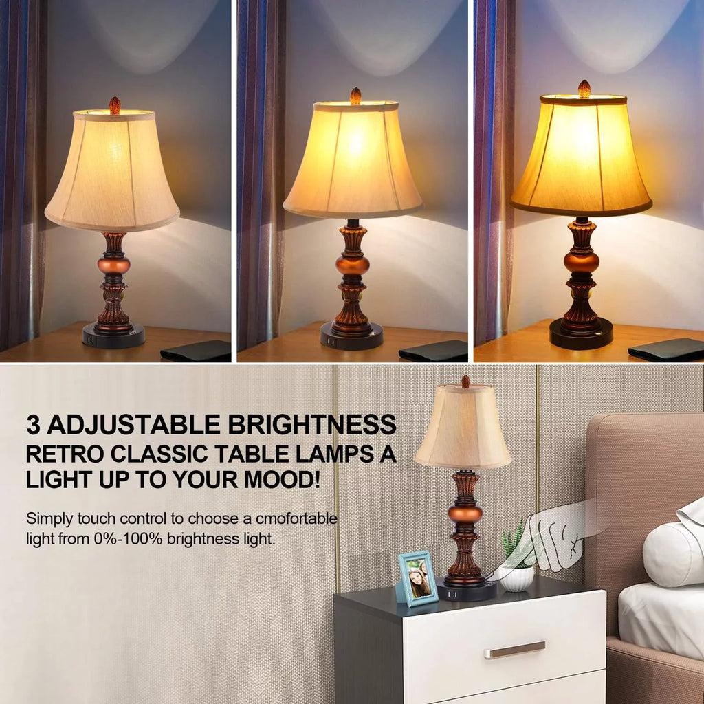 Bedside Nightstand Nictiv Dimmable Bedroom 2 3-Way with of Traditional LED Wooden Lamp USB 2 Set Touch Free Bulbs Control Port Lamp Lamps, with 4 Table Lamp Sets