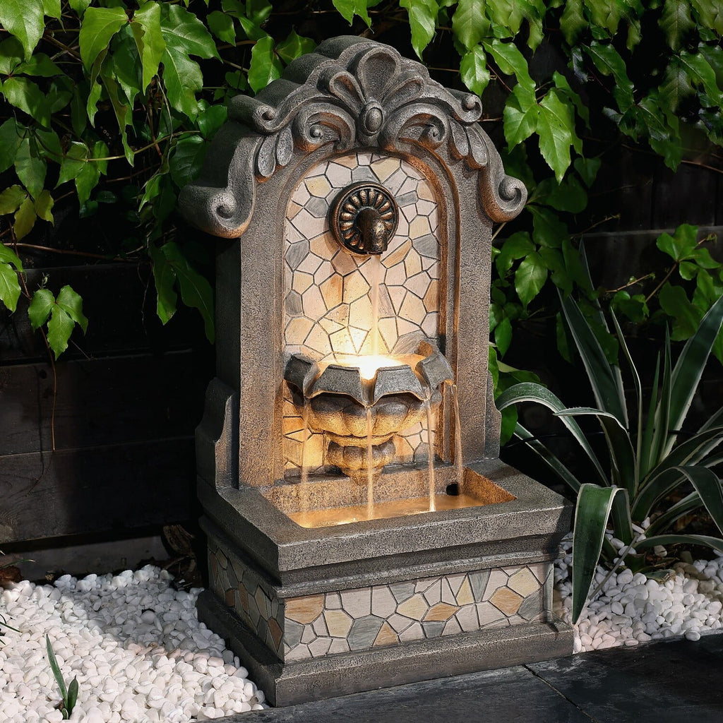 Lights H Freestanding Mosaic LuxenHome Gray with Outdoor Wall Fountain Resin Water 27"