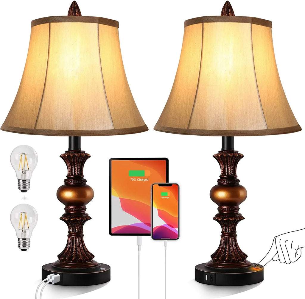 Bedside Nightstand Nictiv Dimmable Bedroom 2 3-Way with of Traditional LED Wooden Lamp USB 2 Set Touch Free Bulbs Control Port Lamp Lamps, with 4 Table Lamp Sets