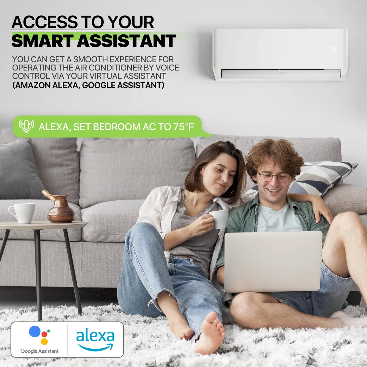 Mini with System, Inverter 22 Heater & Air Smart 9000 Up Cools Condenser, Pre-Charged to White Unit SEER Conditioner 400 Control Split BTU & AC WIFI Magshion Sq.Ft., Ductless