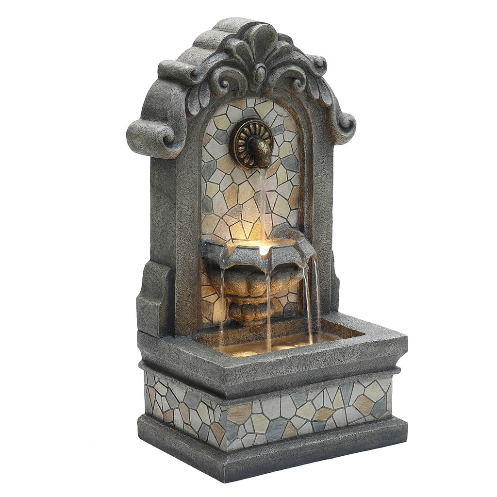 Lights H Freestanding Mosaic LuxenHome Gray with Outdoor Wall Fountain Resin Water 27"