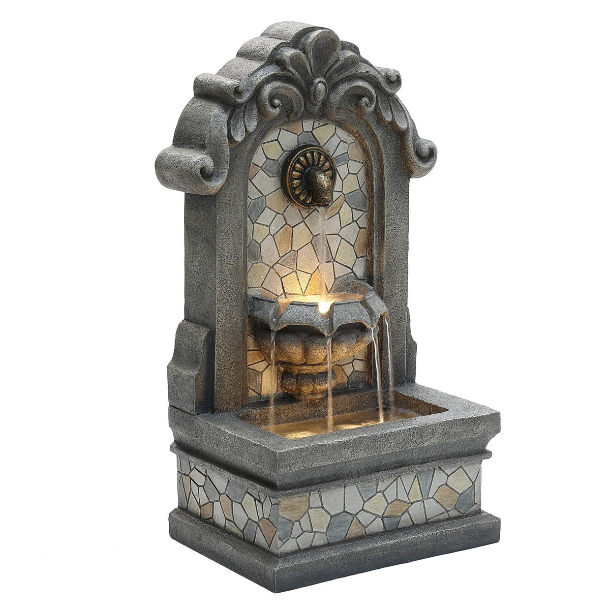 Lights H Freestanding Mosaic LuxenHome Gray with Outdoor Wall Fountain Resin Water 27"