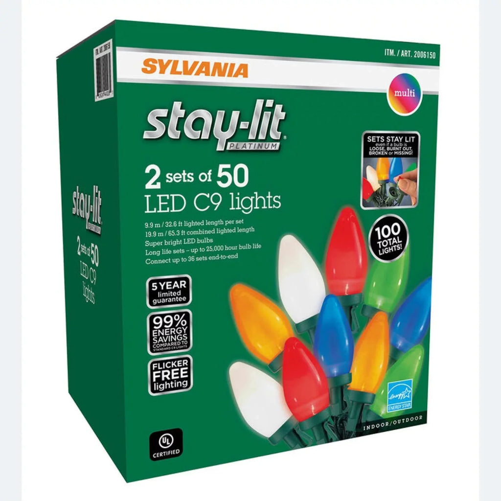 Lights Lights. Indoor/Outdoor / 32.6 Sets Lights Christmas Length 2 m C9 String Stay-lit 9.9 LED - Sylvania of Platinum 50 ft Each
