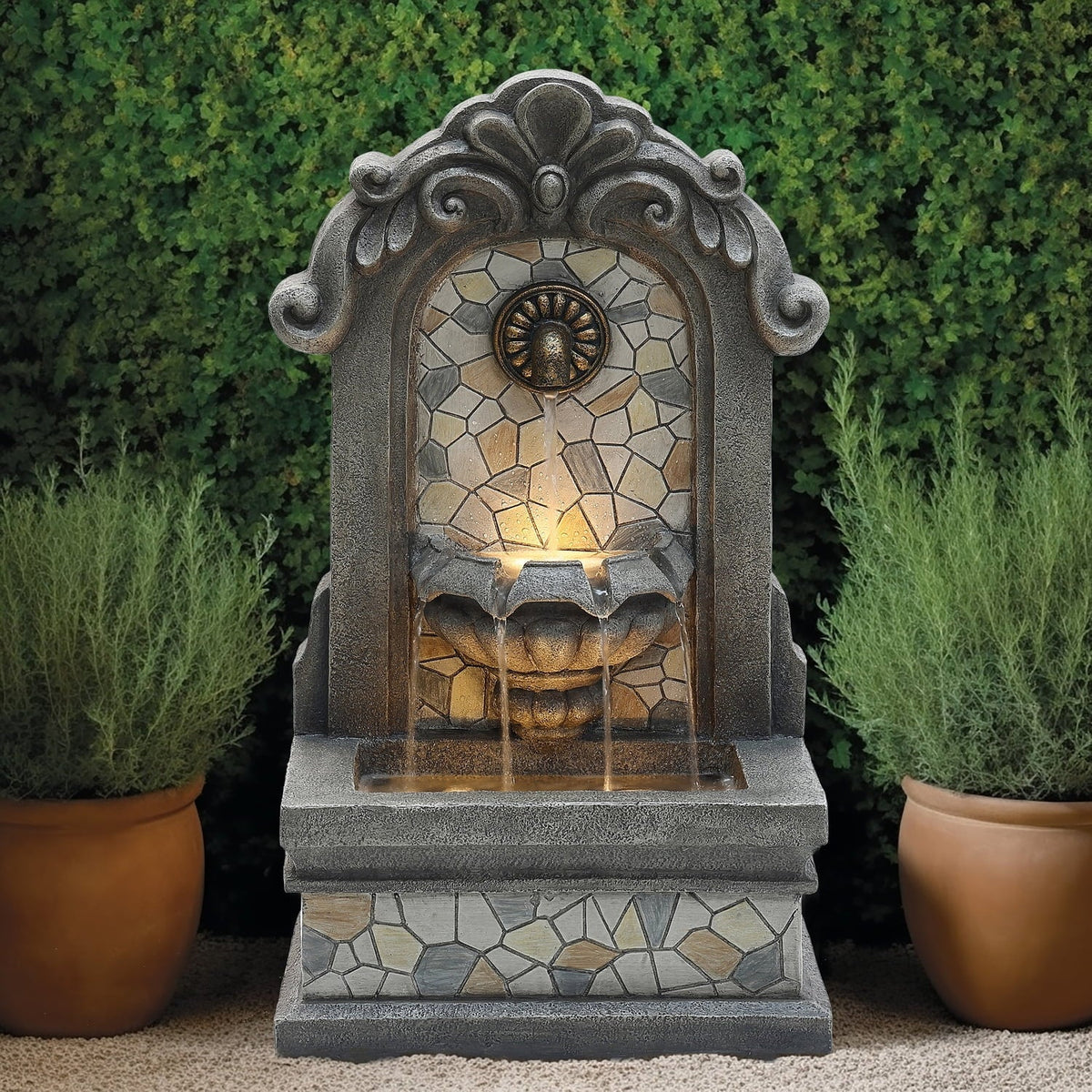 Lights H Freestanding Mosaic LuxenHome Gray with Outdoor Wall Fountain Resin Water 27"